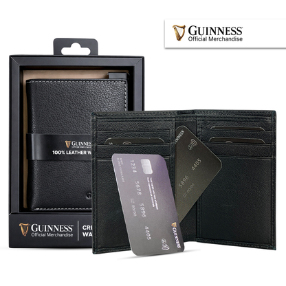 Open black leather Guinness wallet with multiple card slots and two cards partially inserted