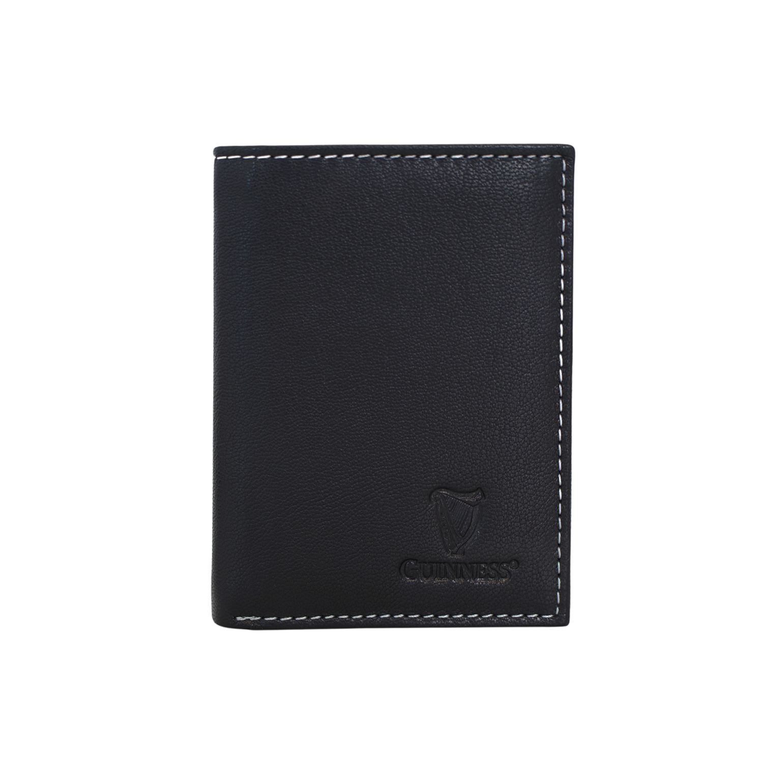 Guinness black leather wallet with six card slots and white topstitching