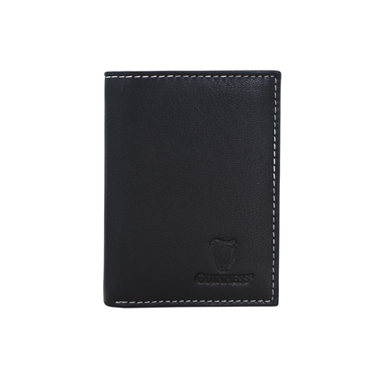 Guinness black leather wallet with six card slots and white topstitching