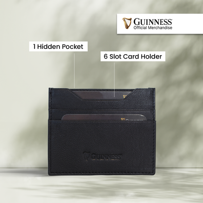 Guinness black card holder with six slots and a hidden pocket.