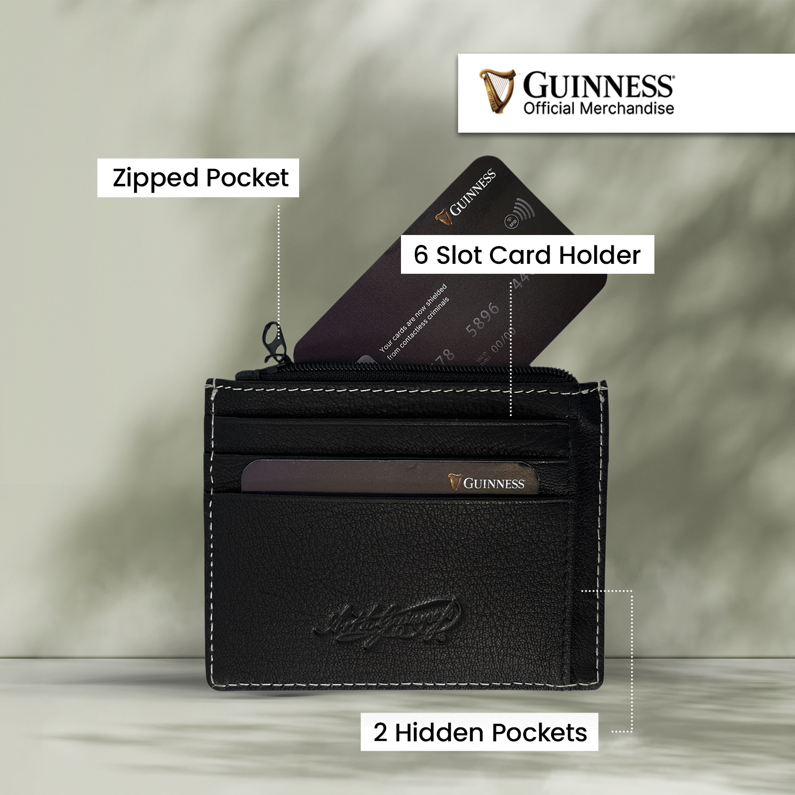 Guinness black leather card holder with a zip pocket and multiple card slots