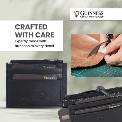 Guinness black leather card holder with multiple card slots shown in a craft themed collage