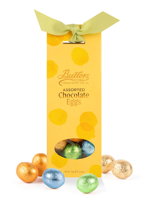 Yellow Butlers assorted chocolate eggs box with a green ribbon and a window revealing foil wrapped eggs