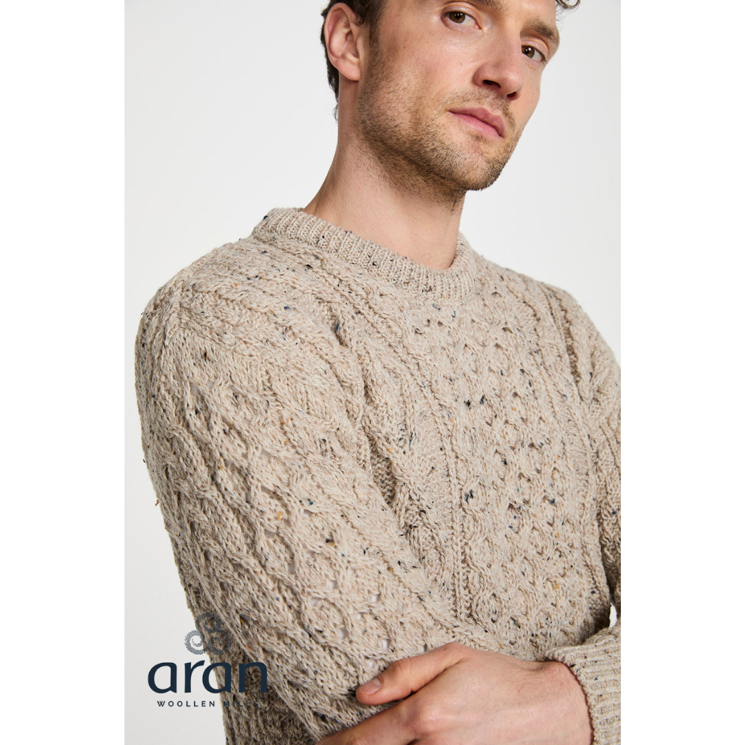 Men's Crewneck Worsted Aran Wool Oatmeal Fleck Sweater 