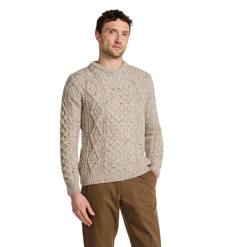 Men's Crewneck Worsted Aran Wool Oatmeal Fleck Sweater