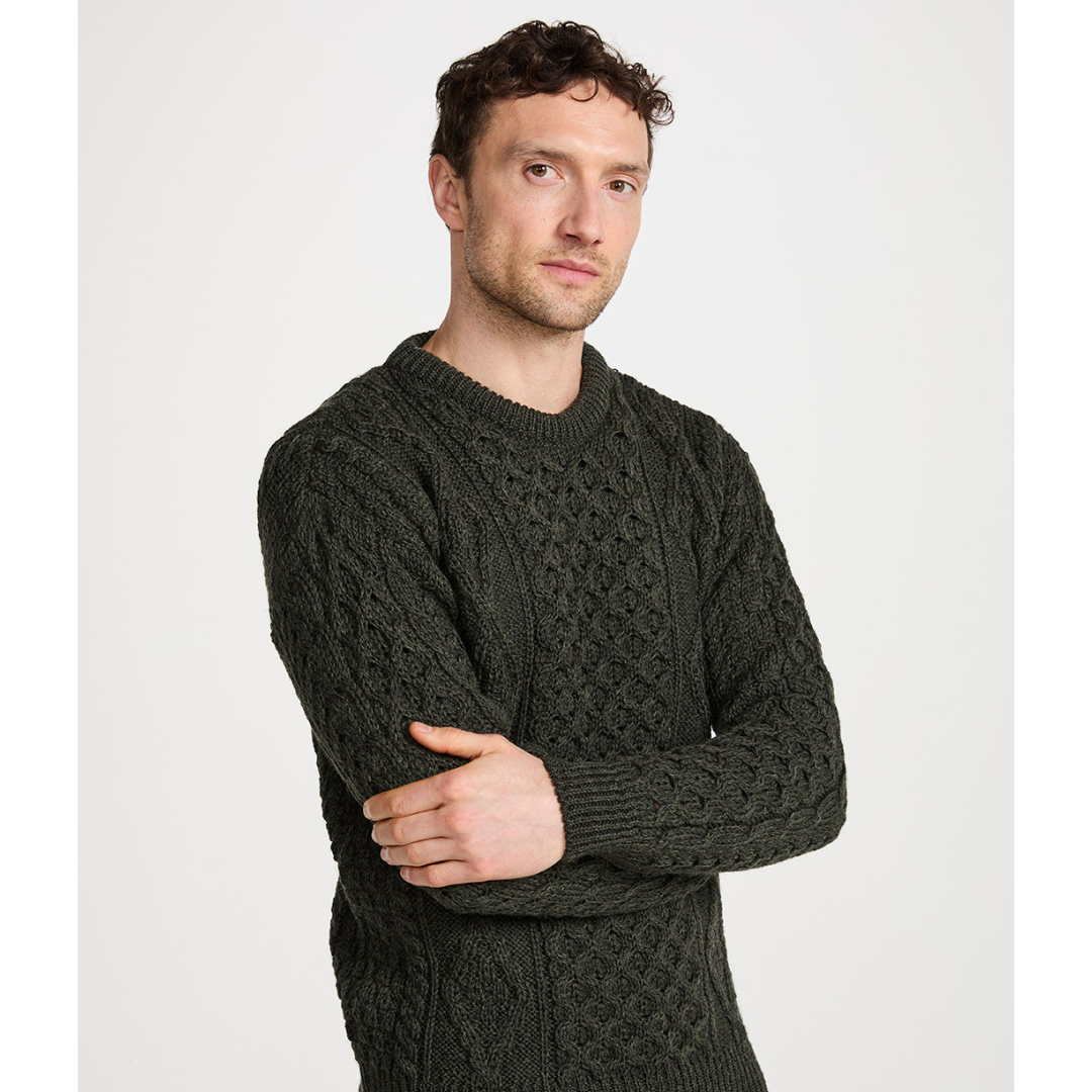 Men's Crewneck Worsted Aran Wool Charcoal Sweater 