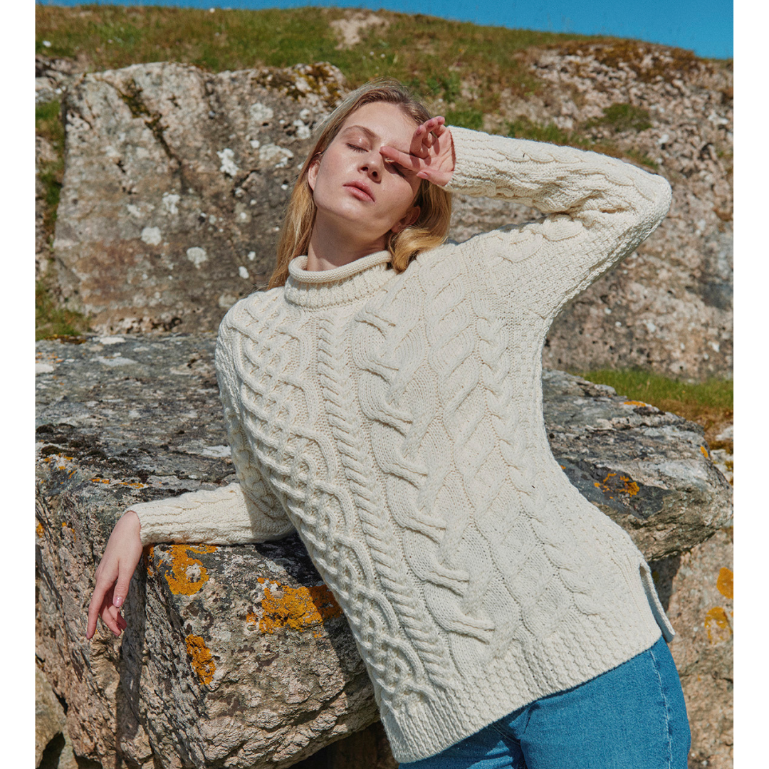 Ladies Asymmetrical Roll Neck  Cream Sweater 