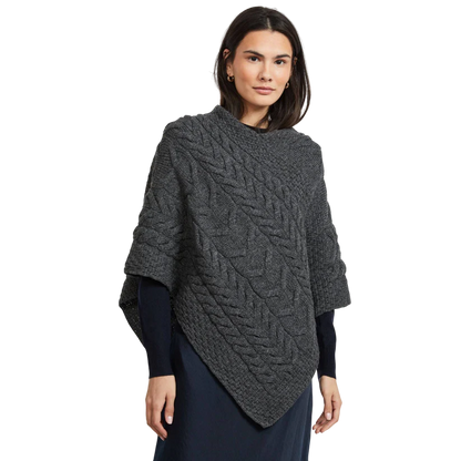Ladies Aran Cable Knit Triangular Charcoal Poncho