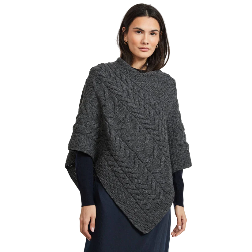 Ladies Aran Cable Knit Triangular Charcoal Poncho