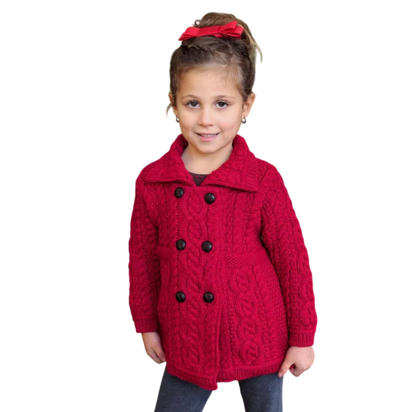 Kid's Double Breasted Aran Merino Cardigan Garnet Red