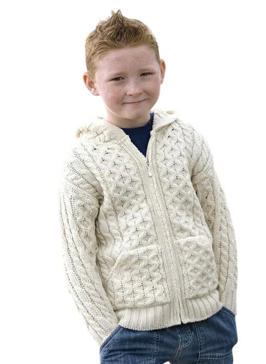 Kids Hooded Aran Zip Cardigan Ecru