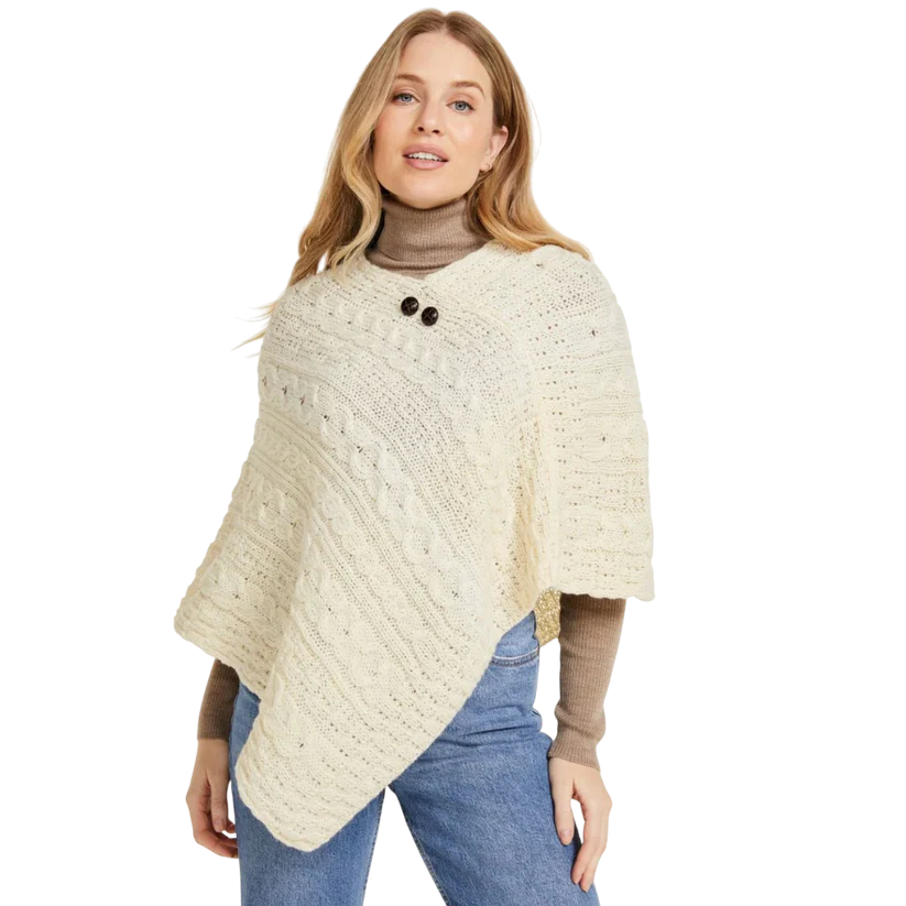 Ladies Buttoned Aran Natural Poncho