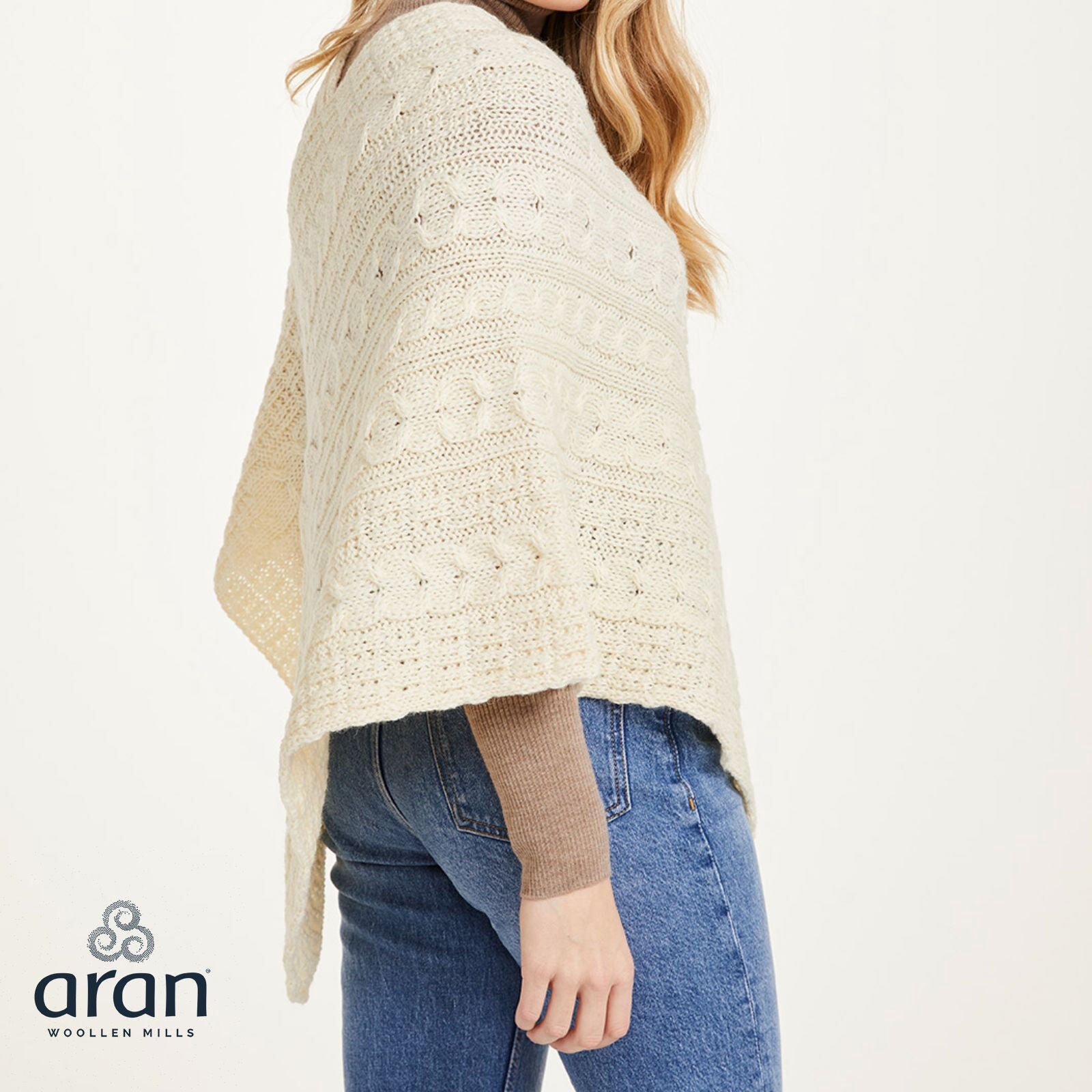 Ladies Buttoned Aran Natural Poncho 