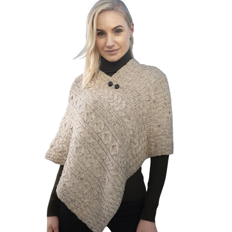 Ladies Aran With Button Detail Oatmeal Poncho