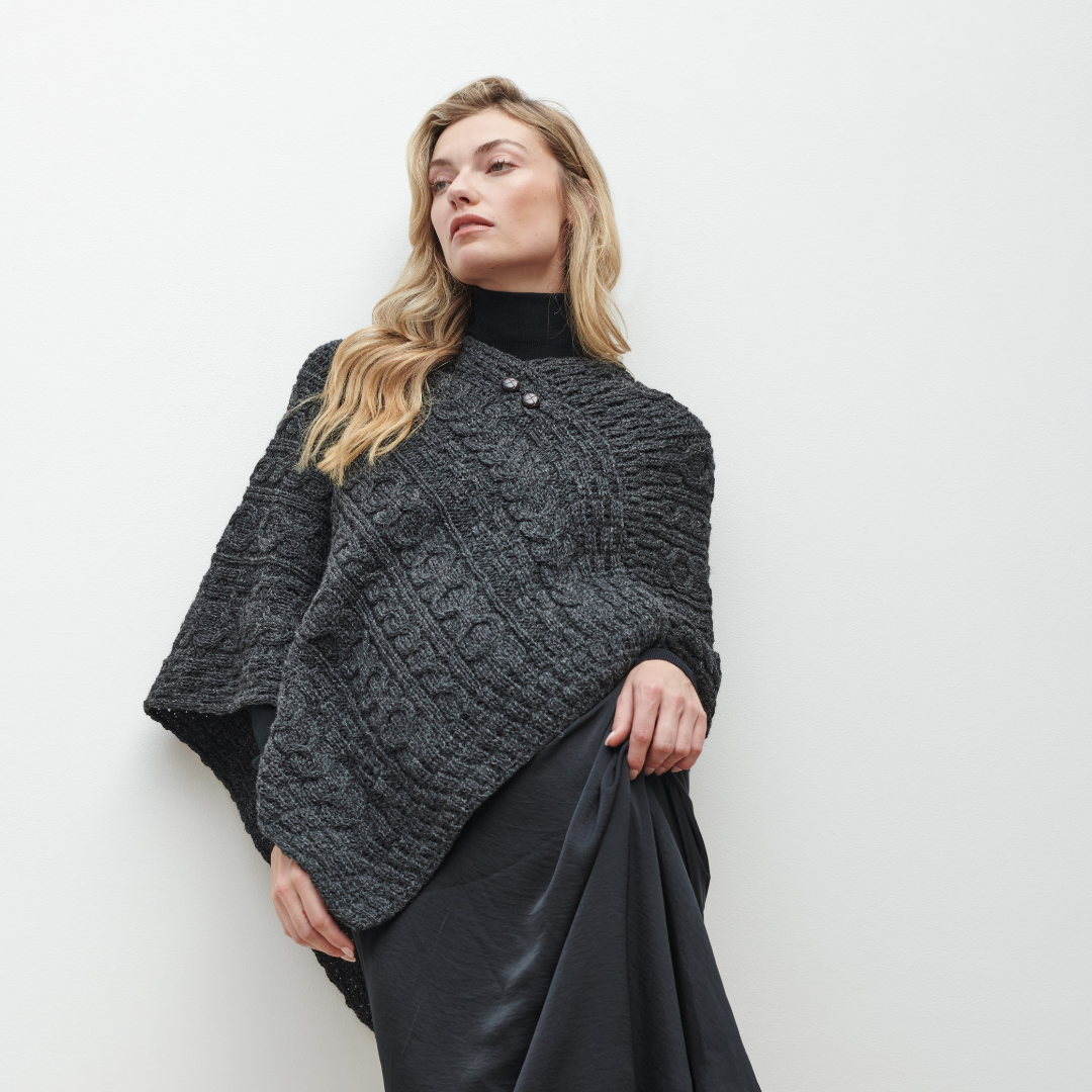 Ladies Aran Poncho With Button Detail Charcoal 