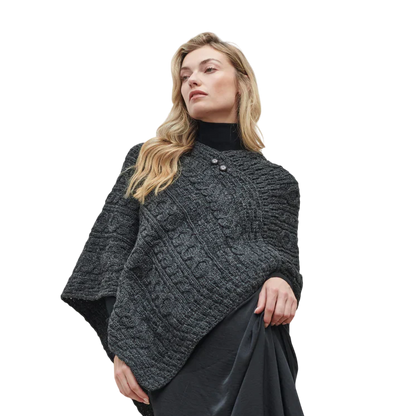 Ladies Aran Poncho With Button Detail Charcoal