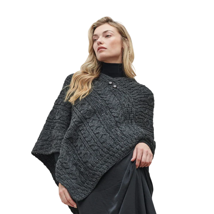 Ladies Aran Poncho With Button Detail Charcoal