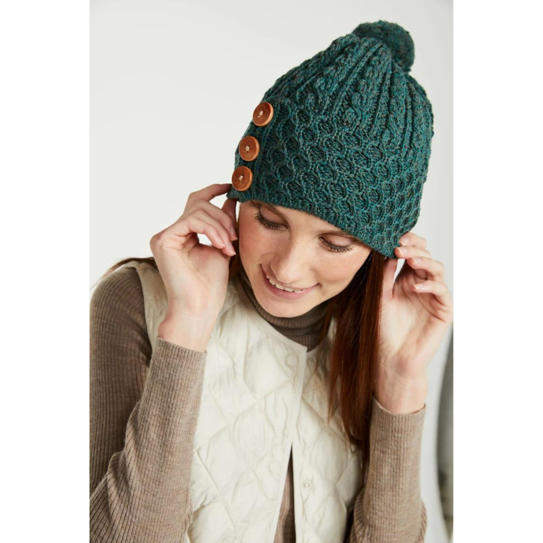 Ladies Aran Bauble Forest Green Hat