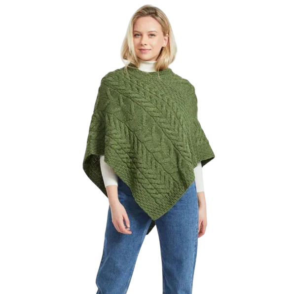 Ladies Aran Cable Knit Triangular Poncho Green
