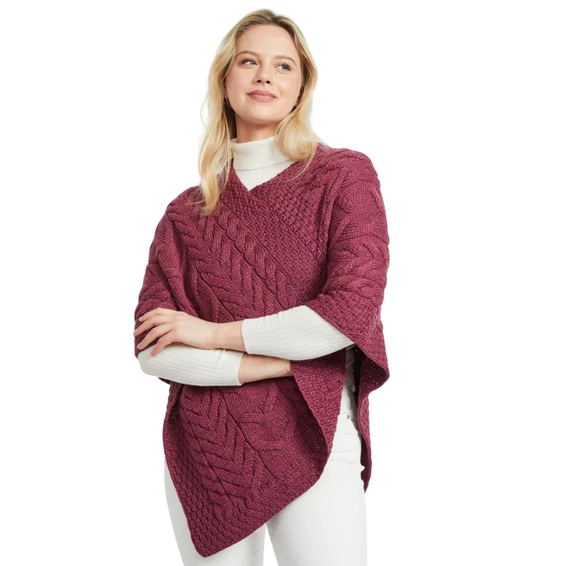 Ladies Aran Cable Knit Triangular Raspberry Poncho