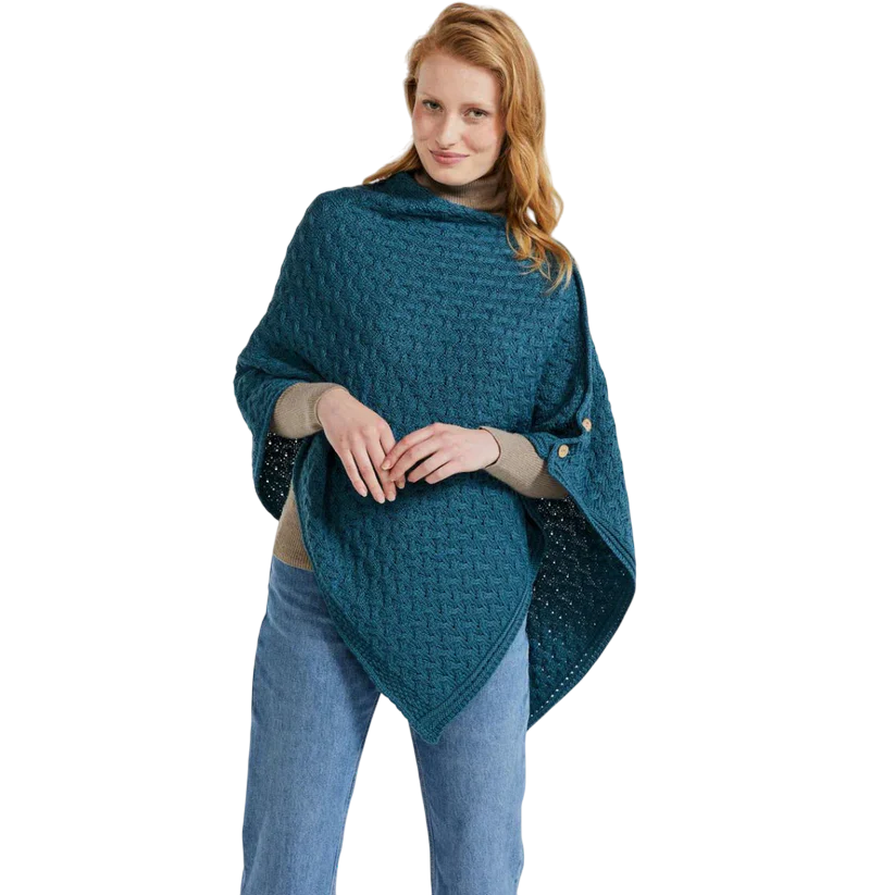 Ladies Aran Super Soft Merino Teal Poncho