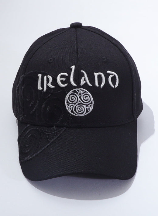 Black Celtic Ireland baseball cap with white Ireland embroidery and a Celtic knot emblem on the front