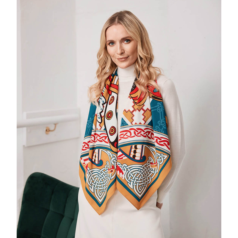 Ladies Celtic Bird Square Scarf Teal & Gold 