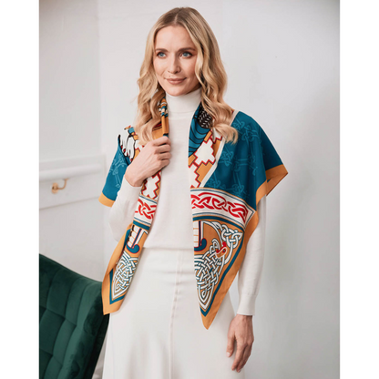 Ladies Celtic Bird Square Scarf Teal & Gold