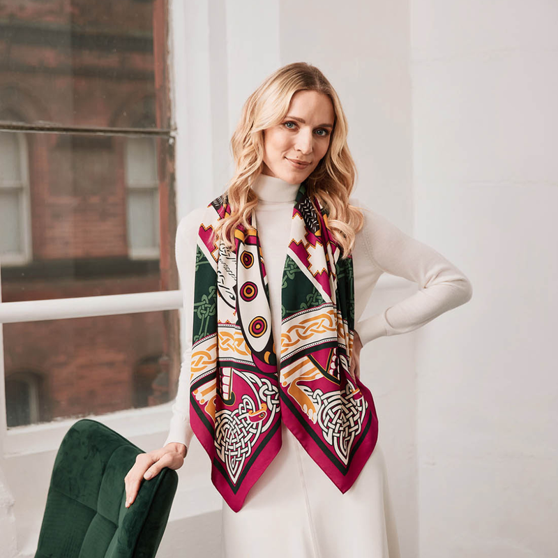 Ladies Celtic Bird Square Scarf Pink & Bottle Green 