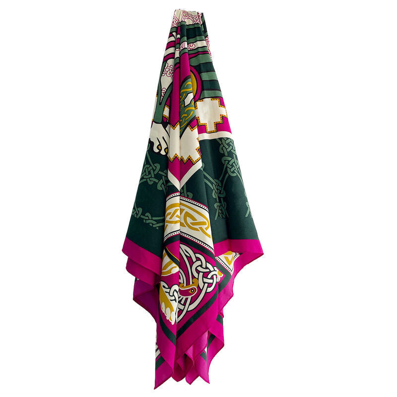 Ladies Celtic Bird Square Scarf Pink & Bottle Green