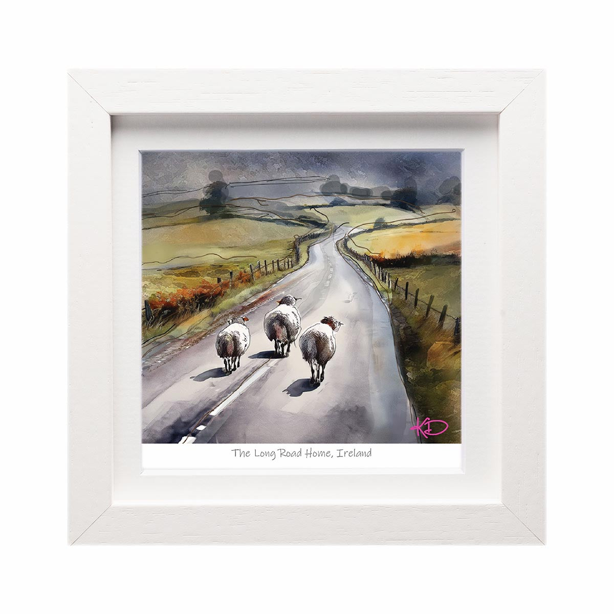 Three sheep walk along a winding Irish country road in a framed print The Long Road Home Ireland