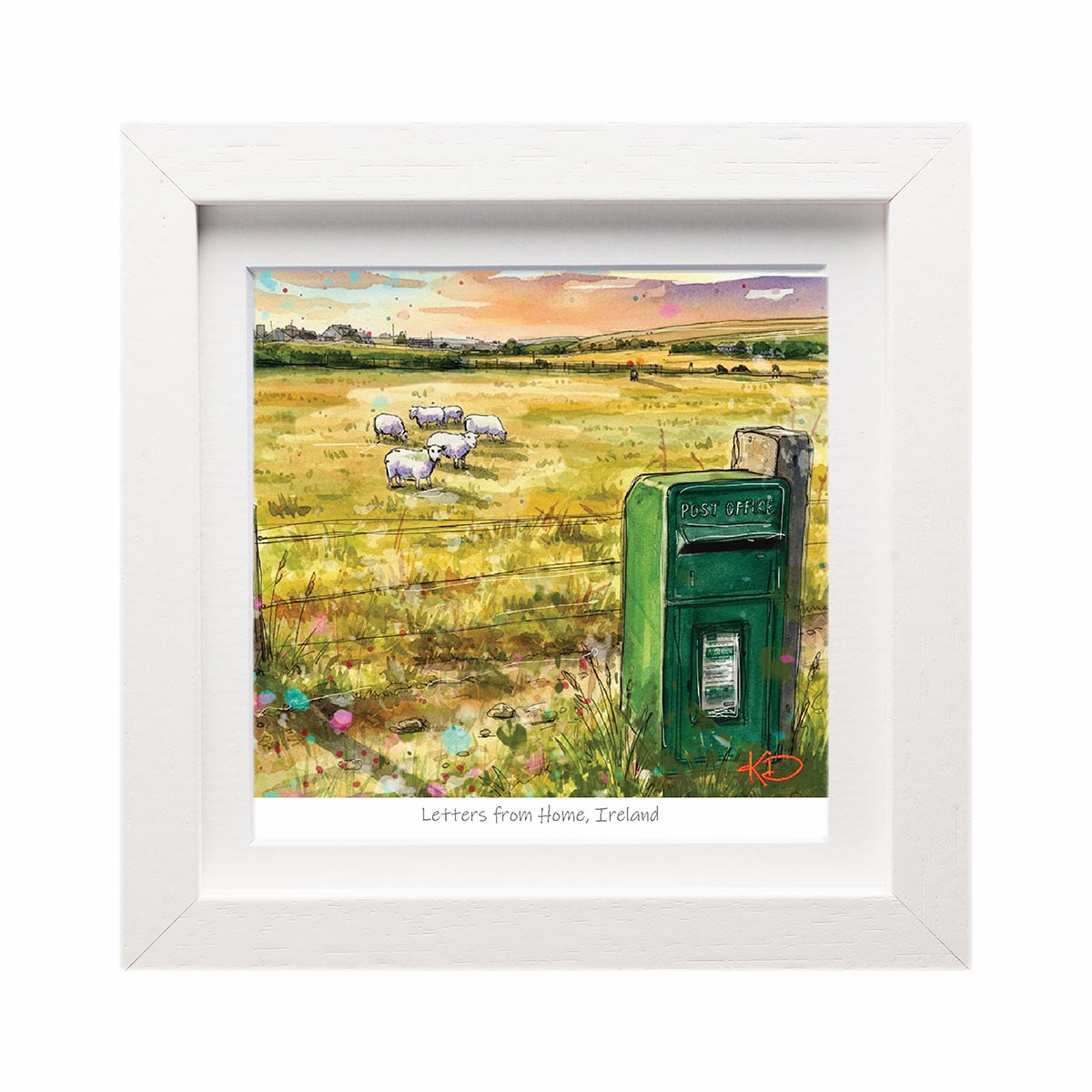 Green post box beside a colorful rural doorway in a framed Letters From Home Ireland print