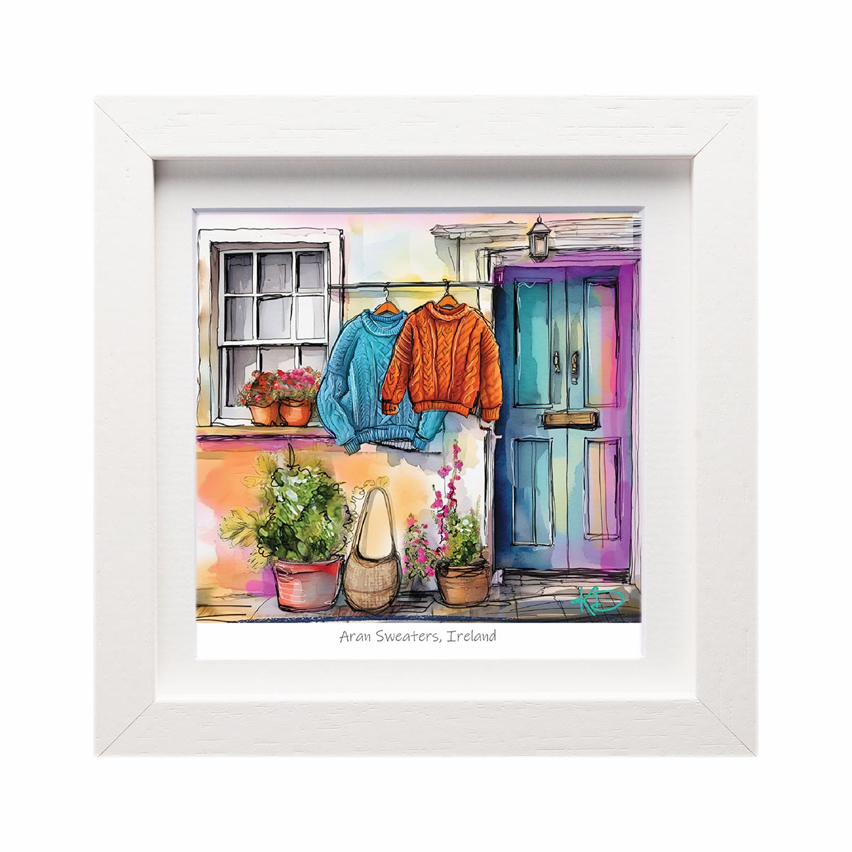 Vibrant sweaters hang on a clothesline in front of a colorful Irish doorway in a framed Aran Sweaters Ireland print