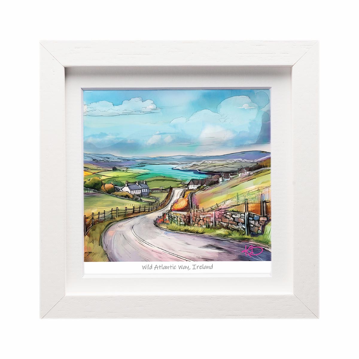 White framed 6x6 print of a colorful coastal Irish landscape along the Wild Atlantic Way