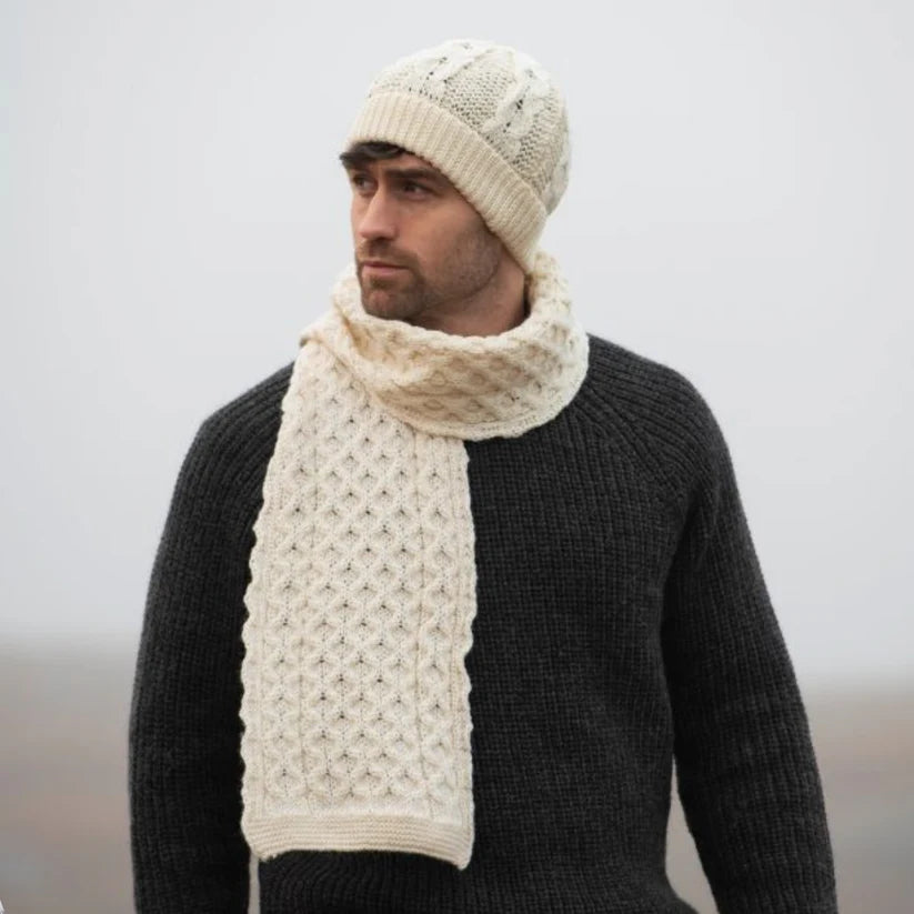 Merino Wool Honeycomb Hat & Scarf Set Natural 