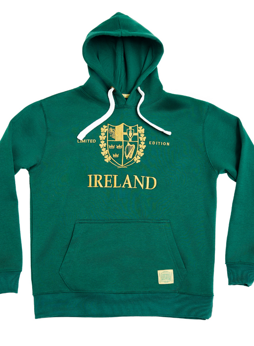 Green Ireland hoodie with gold crest and IRELAND lettering, front view.