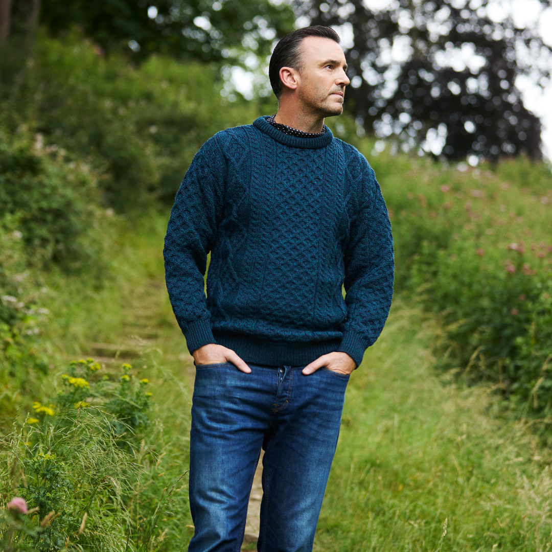 Men's Aran Crew Neck Blackwatch Sweater 