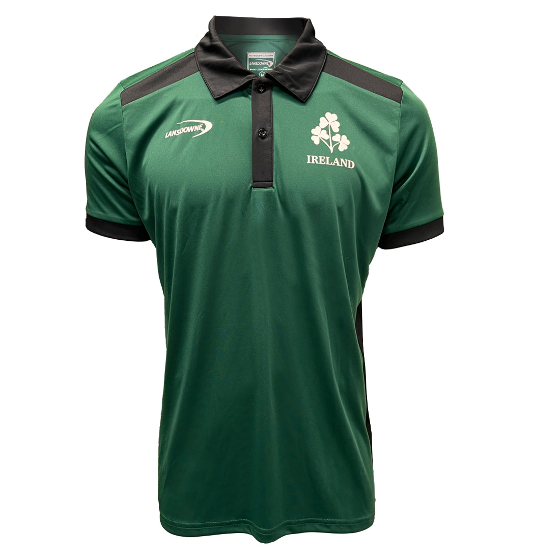 Ireland green and black men's performance polo shirt front view with crest on chest