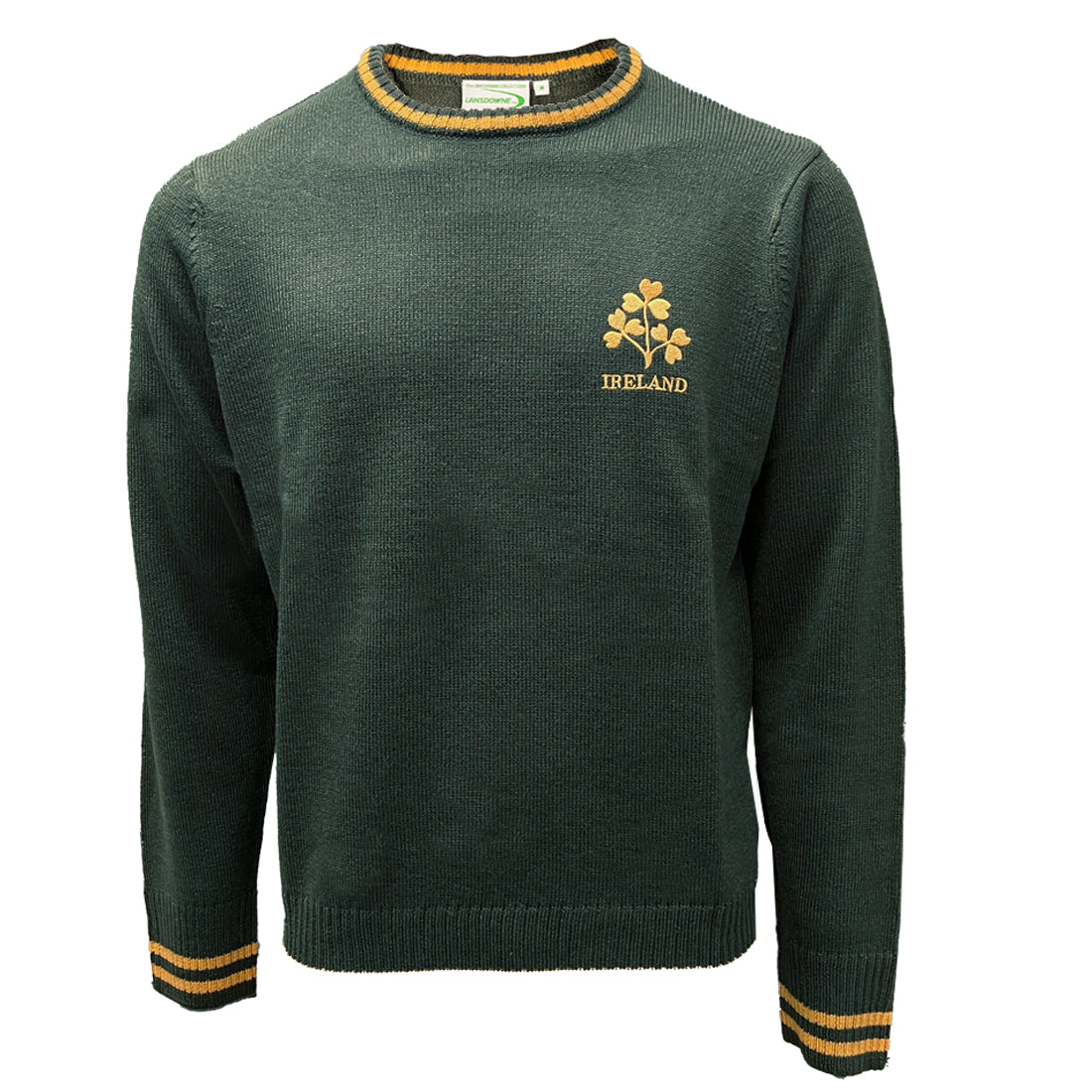 Bottle green Ireland crew neck jumper with gold three shamrock motif on left chest and yellow stripes at the neckline and cuffs