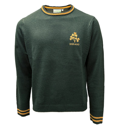 Bottle green Ireland crew neck jumper with gold three shamrock motif on left chest and yellow stripes at the neckline and cuffs