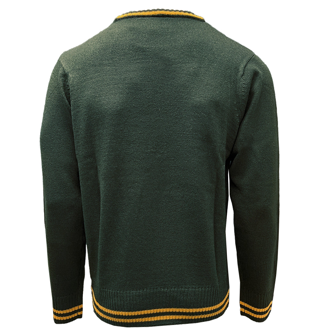 Back view of bottle green Ireland crew neck jumper with yellow striped cuffs and hem