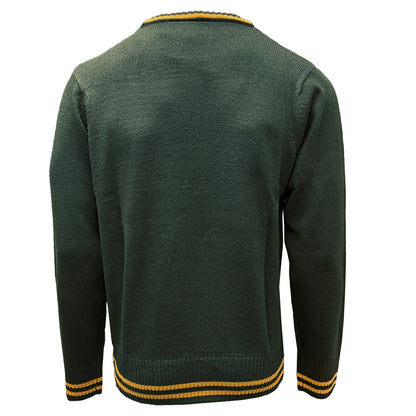 Back view of bottle green Ireland crew neck jumper with yellow striped cuffs and hem