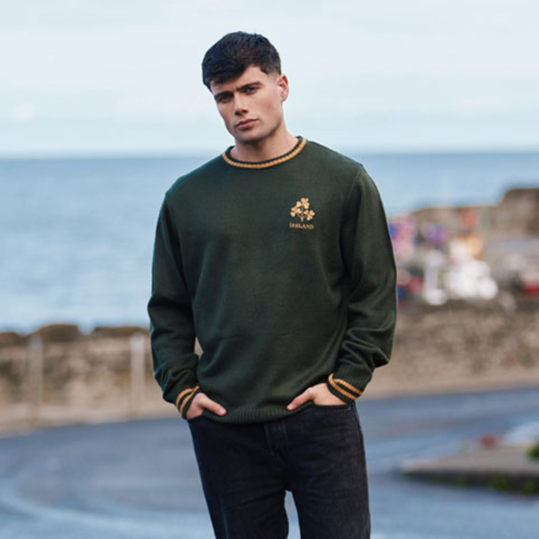 Male model wearing bottle green Ireland crew neck jumper with gold three shamrock motif on chest by a seaside backdrop