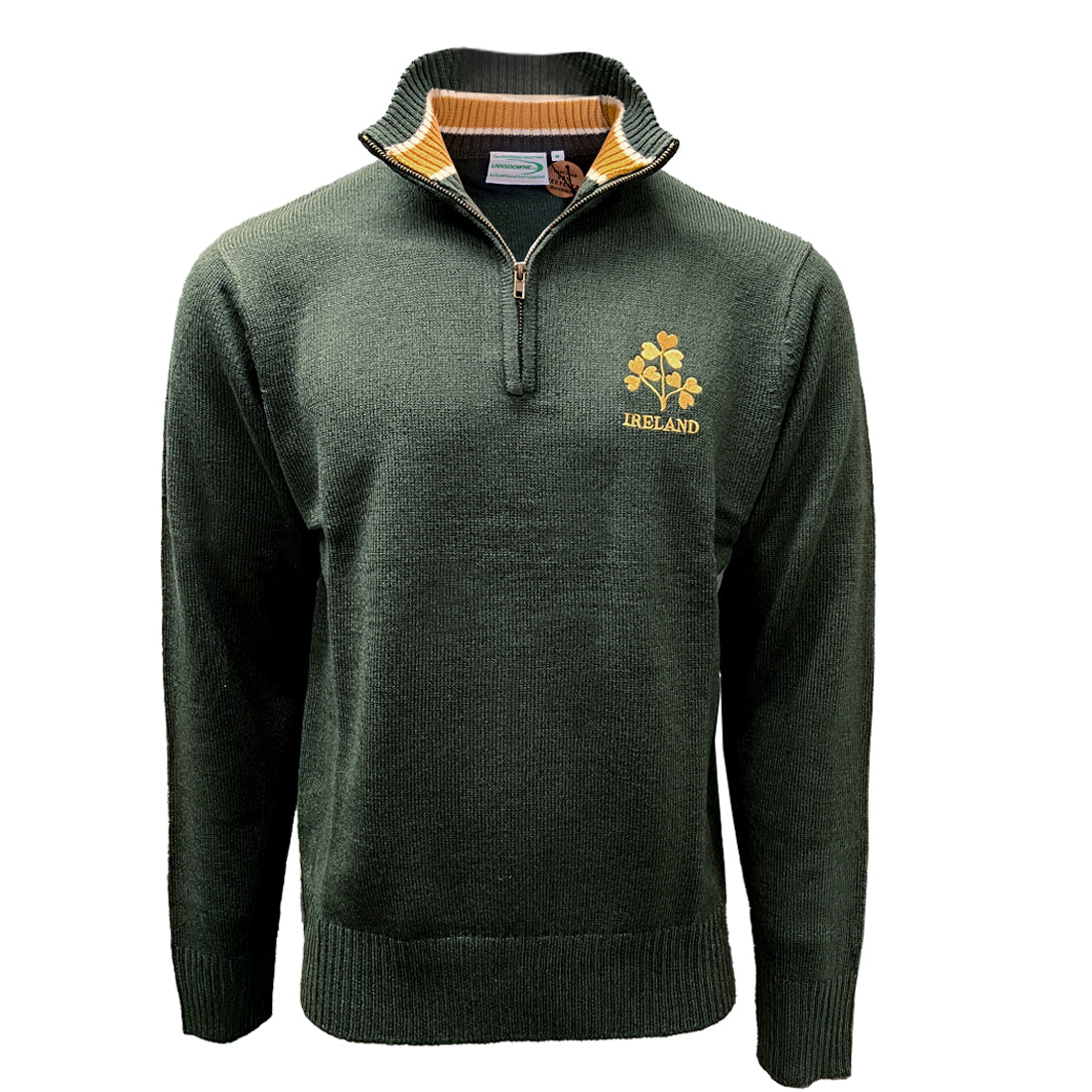 Bottle green quarter zip jumper with striped collar lining and gold shamrock embroidery on left chest.
