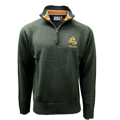 Bottle green quarter zip jumper with striped collar lining and gold shamrock embroidery on left chest.