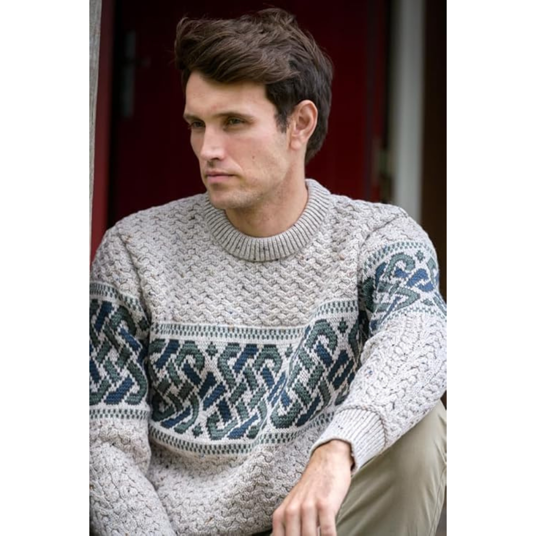 Irish Aran Jacquard Crew Neck Oatmeal Sweater 