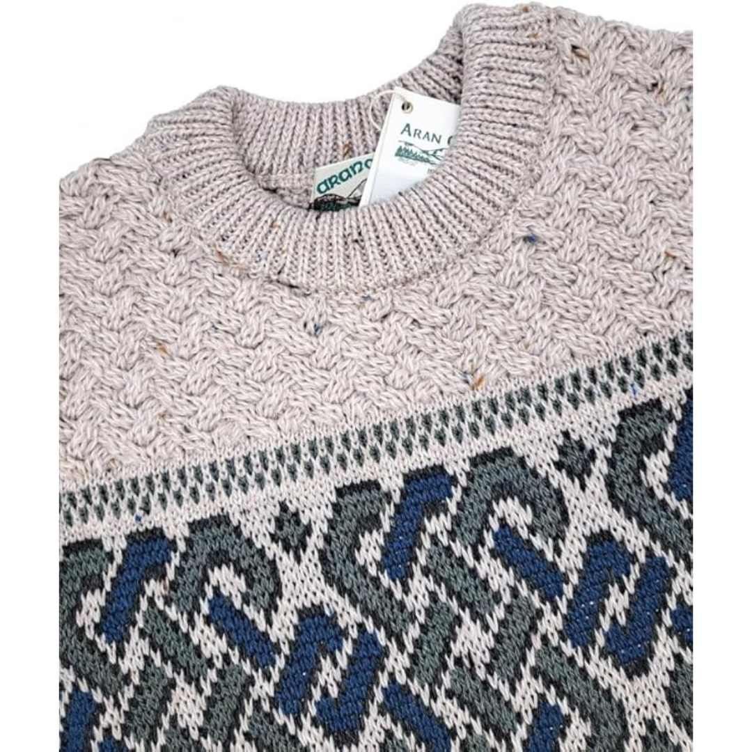 Irish Aran Jacquard Crew Neck Oatmeal Sweater