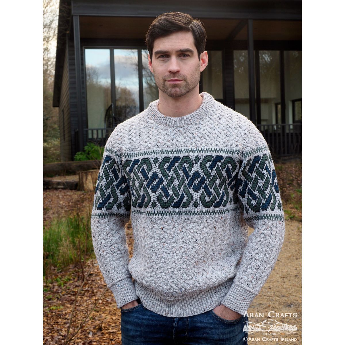 Irish Aran Jacquard Crew Neck Oatmeal Sweater