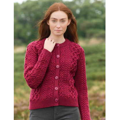 Women's Tramore Short Button Fuchsia Aran Cardigan