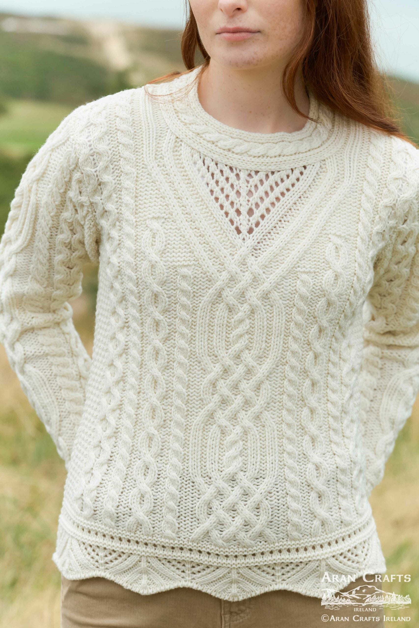 Women's Streedagh Scallop Lace Stitch Natural Aran Sweater 